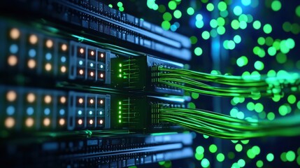 Obraz premium business strategy operations global Concept.A close-up of a data server with illuminated ports and green cables, showcasing a technology-focused environment.