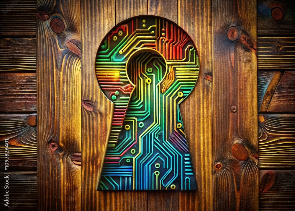 Poster colorful circuit design surrounding a keyhole on a rustic wooden background for creative technology 