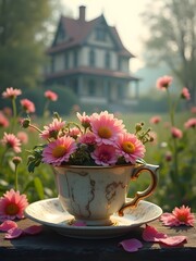 cup of flowers in a mystery house