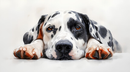 A watercolor Dalmatian lying down with its head resting on its paws, looking calm and sweet, painted softly on white