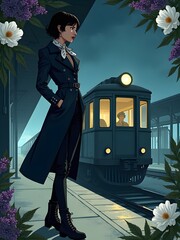 woman in a dress in a spooky train station with a train