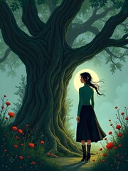 girl in a dark dress in the forest in the evening