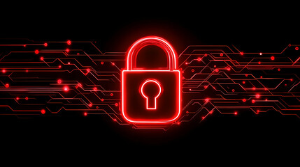 A glowing red neon padlock with intricate digital connections, representing cybersecurity and secure access systems.