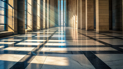 Hall of a business building with light coming through the window.
