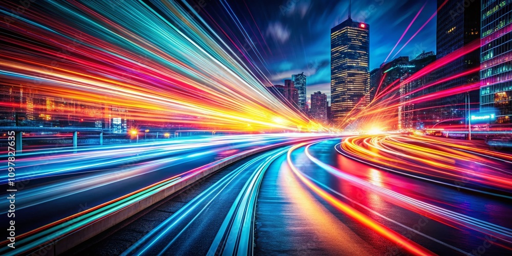 Poster colorful light trails exhibit dynamic motion and speed in an abstract night scene using the rule of 