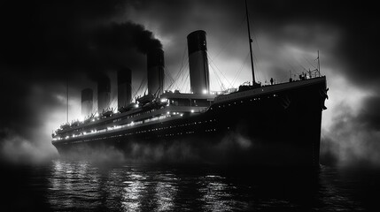 Titanic ship in foggy night, ocean liner.