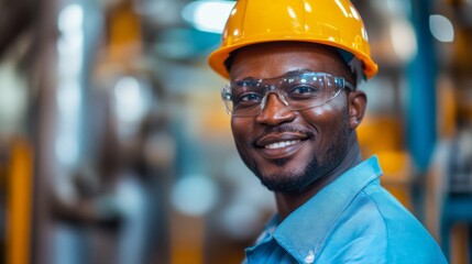 A man wearing a yellow helmet and safety glasses is smiling