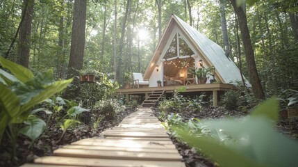 Luxurious Glamping Tent in Sunlit Forest  A Frame Cabin Getaway