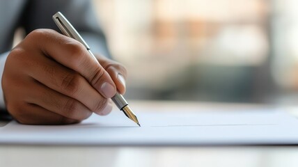 Closeup of a hand holding a pen, ready to sign a contract at the negotiation table, signing agreement, final stage of negotiation