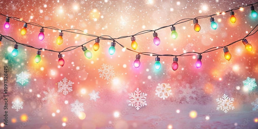 Poster colorful string lights create a magical festive atmosphere surrounded by a soft pink snowy backgroun