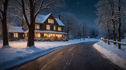 Cozy Wooden Cabin in Snowy Landscape with Warm Night Lights V1