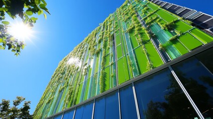 Modern Eco-Friendly Building with Vertical Garden and Bright Blue Sky Providing Sustainable Architecture in Urban Environment and Natural Aesthetics
