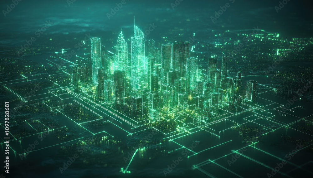 Poster automated city grid managing urban life a futuristic vision of smart city infrastructure, integratin