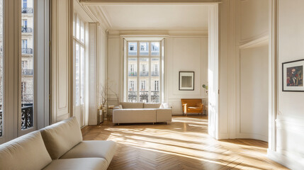 modern minimalistic spacious almost empty living room with high windows