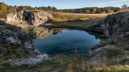 Peaceful Natural Landscape with Clear Water in a Rocky Quarry Surrounded by Lush Green Grass and Autumn Foliage Under a Bright Blue Sky