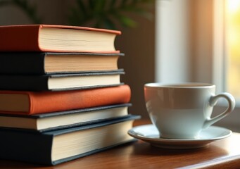 Cozy reading nook with books and coffee in warm afternoon light.