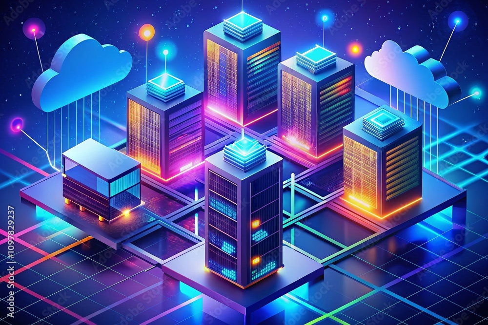 Poster conceptual illustration of cloud computing data center technology showcasing global hosting solution