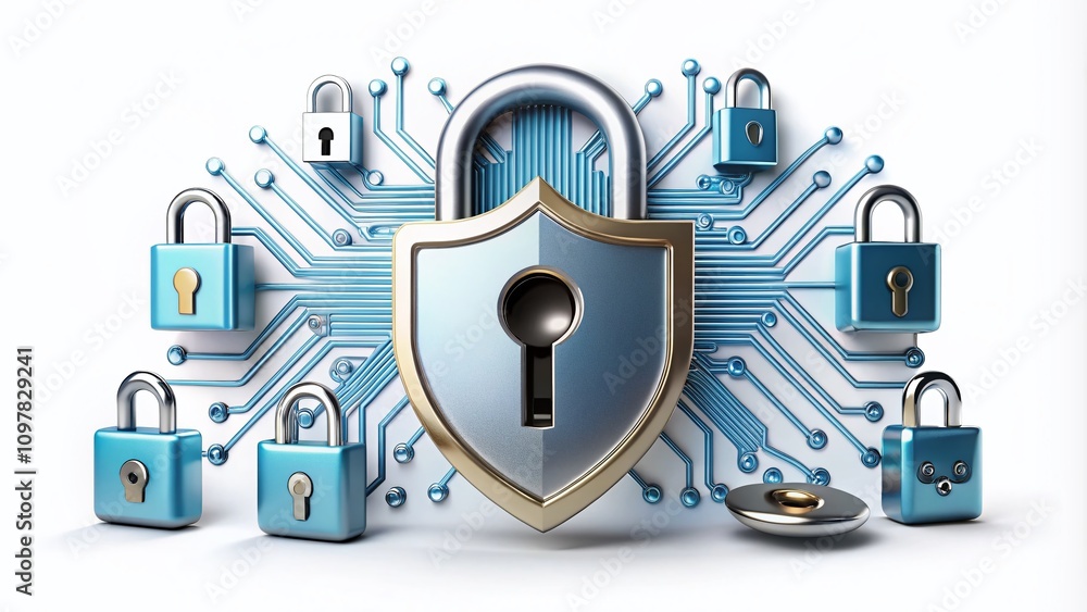 Poster conceptual illustration of login access protection with security elements and digital locks on a cle