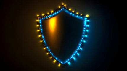 Fototapeta premium A glowing blue digital shield with yellow highlights, symbolizing high-security systems and data safety.