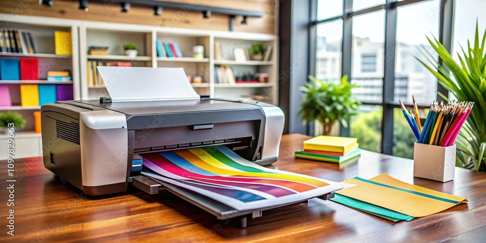 Poster conceptual photography of a printer with an open tray, displaying colorful sheets of paper in a mode