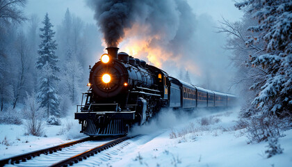 Old steam locomotive cutting through snowy landscape with glowing headlights.

