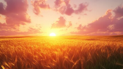 A golden sunset casts warm hues over a vast wheat field, creating a serene and peaceful atmosphere.