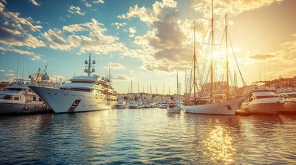 Fototapeta premium Stunning Sunset Over Marina with Luxury Yachts and Sailboats Beneath a Colorful Sky, Reflecting Warm Light on Calm Waters in Serene Coastal Setting