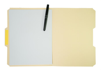 open manilla file folder with blank pages, blank label and pen