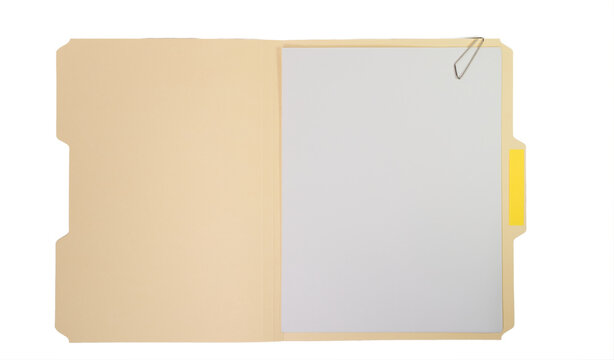 open manilla file folder with blank pages and label