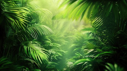 Lush green tropical foliage creating a serene, tranquil atmosphere in a vibrant rainforest.
