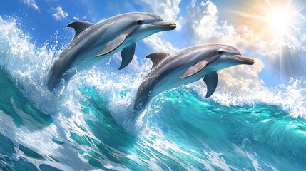 Naklejka premium Two playful dolphins leaping through vibrant ocean waves against a backdrop of shining sun and blue sky, capturing the essence of marine life and joyful aquatic moments.