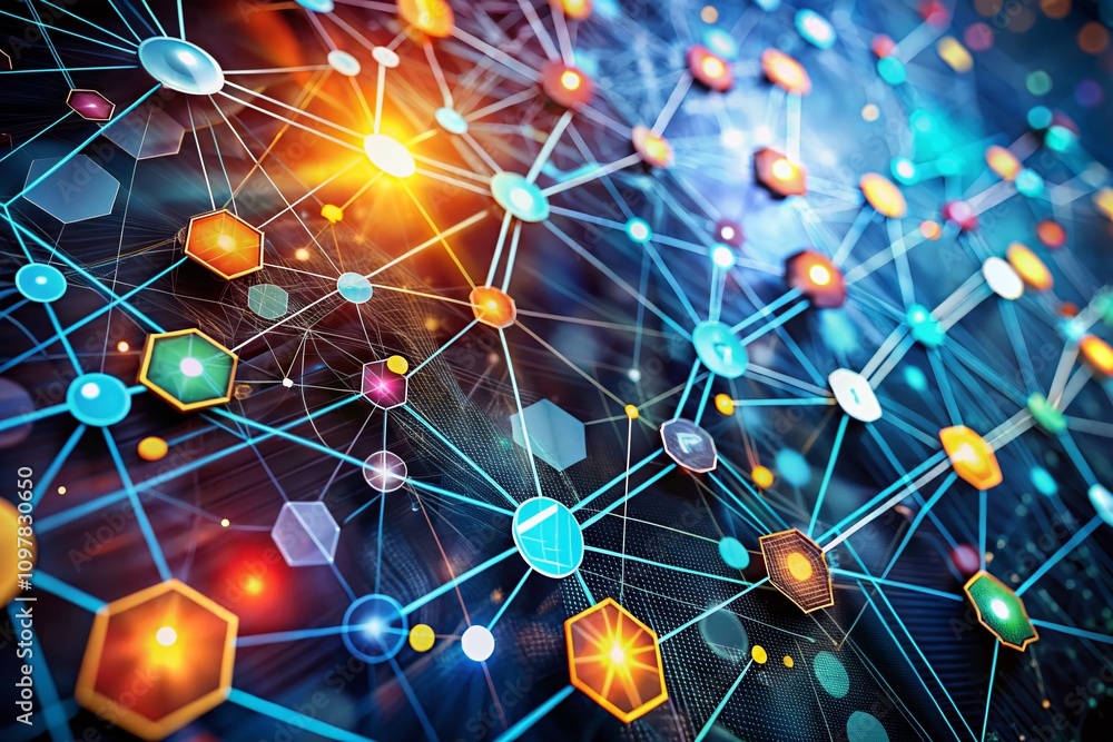 Poster connecting lines and dots in a scientific network pattern with hexagons and triangles showcasing con