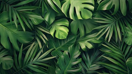 A lush arrangement of vibrant green tropical leaves, creating a calming and natural backdrop.
