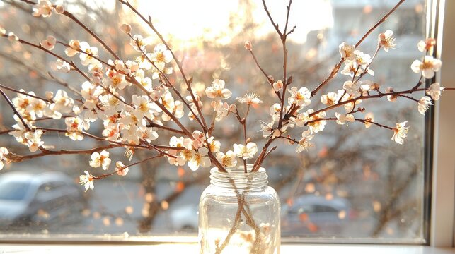 Spring Blossoms in Glass Vase  Sunlit Window  Delicate Branches  White Flowers  Nature Bea