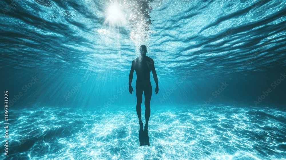 Poster a silhouette of a male diver underwater, creating a serene and tranquil atmosphere with rays of ligh