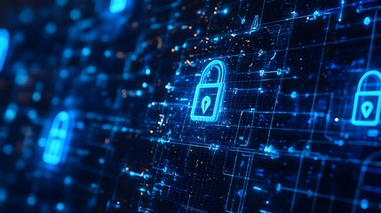 A glowing blue padlock embedded in a digital grid, symbolizing data security and access control.