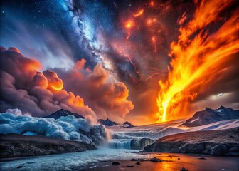 Naklejka premium Cosmic Energy Collision: A Dramatic Encounter of Fiery and Icy Forces Captured in Stunning Detail, Showcasing the Power and Beauty of Nature’s Elements in Harmony and Conflict