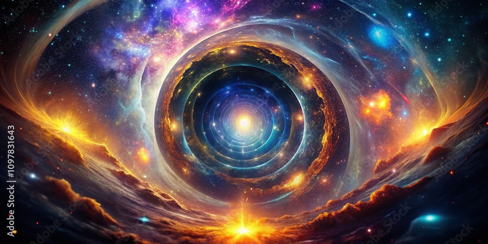 Poster cosmic gateway: a tilt-shift exploration of a futuristic energy portal in deep space, merging scienc
