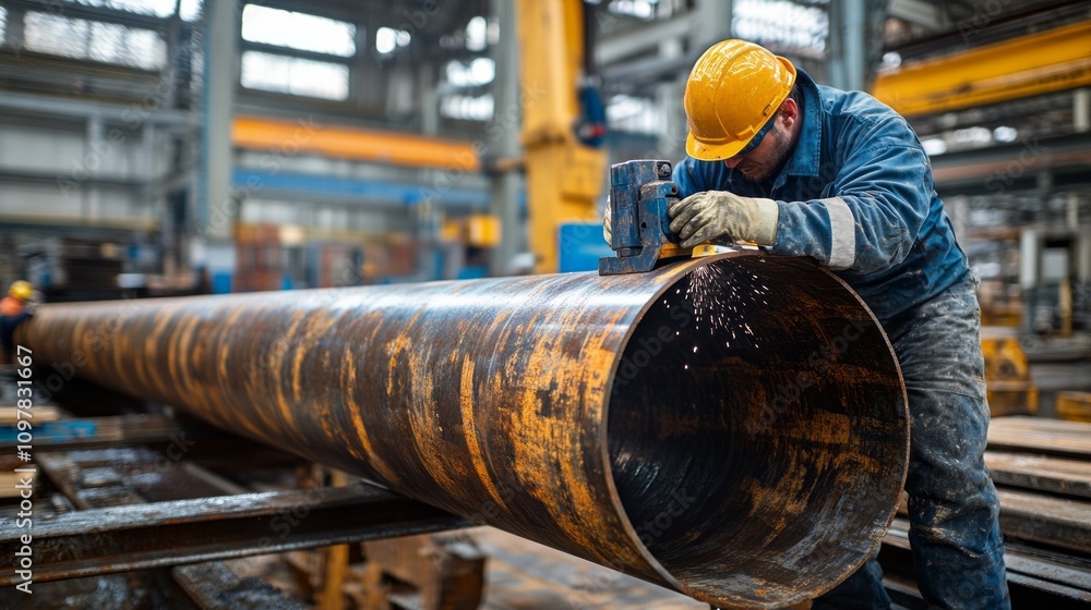Poster a man in a yellow helmet is working on a large pipe