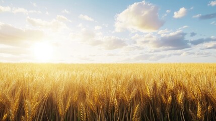 Golden wheat field under a bright blue sky with fluffy clouds, illuminated by the warm glow of the setting sun.