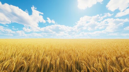 Fototapeta premium Golden wheat field under a bright blue sky with fluffy clouds, creating a serene and peaceful landscape.