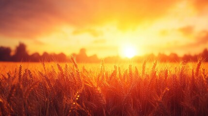 Golden wheat field at sunset, radiating warmth and tranquility.