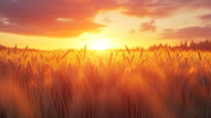 Naklejka premium Golden wheat field swaying gently in the breeze at sunset.
