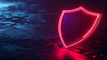 A glowing red neon shield icon on a dark surface, symbolizing protection and cybersecurity.


