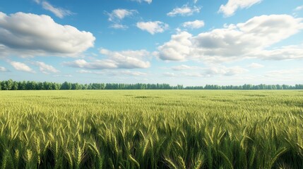 Lush green wheat field under a bright blue sky with fluffy clouds creates a serene rural landscape.
