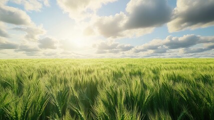 Fototapeta premium Lush green wheat field under a bright sky with fluffy clouds, capturing the essence of nature's beauty.