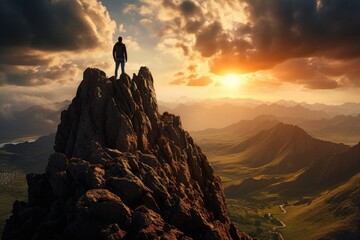 Fototapeta premium A Solitary Figure in a Black Jacket Maintains Vigil Atop a Craggy Brown Rock Formation Bathed in Golden Sunlight