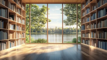 A cozy, modern library with wooden shelves filled with books and a serene lake view through large windows.