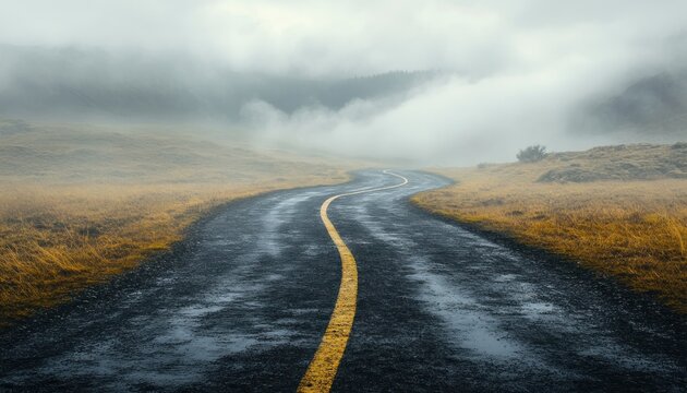 Weighing risks and possibilities at a crossroad A journey into the unknown, where the path ahead is shrouded in mist and uncertainty This image depicts a winding road, symbolizing life's choices, the