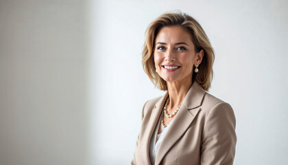 Portrait of a confident female senator in formal attire on a white background.

